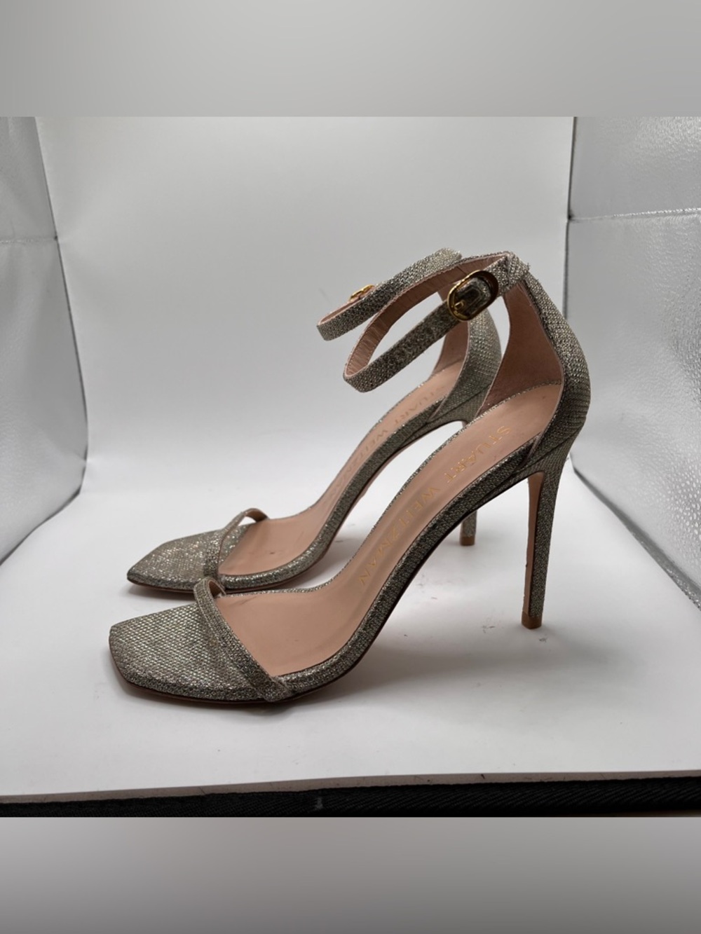 Stuart Weitzman Silver Ankle-Strap Stiletto NudistCurve 100 Sandal Heels 8.5 - Picture 2 of 10